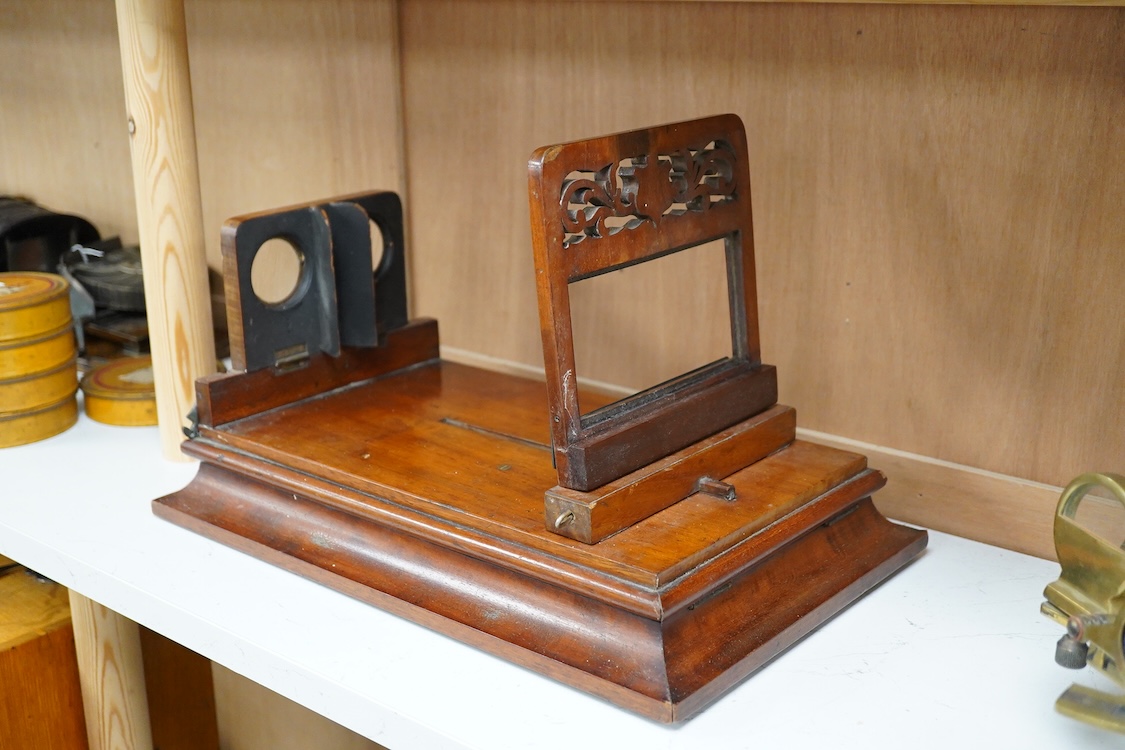 A mid to late 19th century mahogany Rowsell type tabletop folding combined Graphoscope and Stereoscope viewer, unsigned and without any retailer’s label